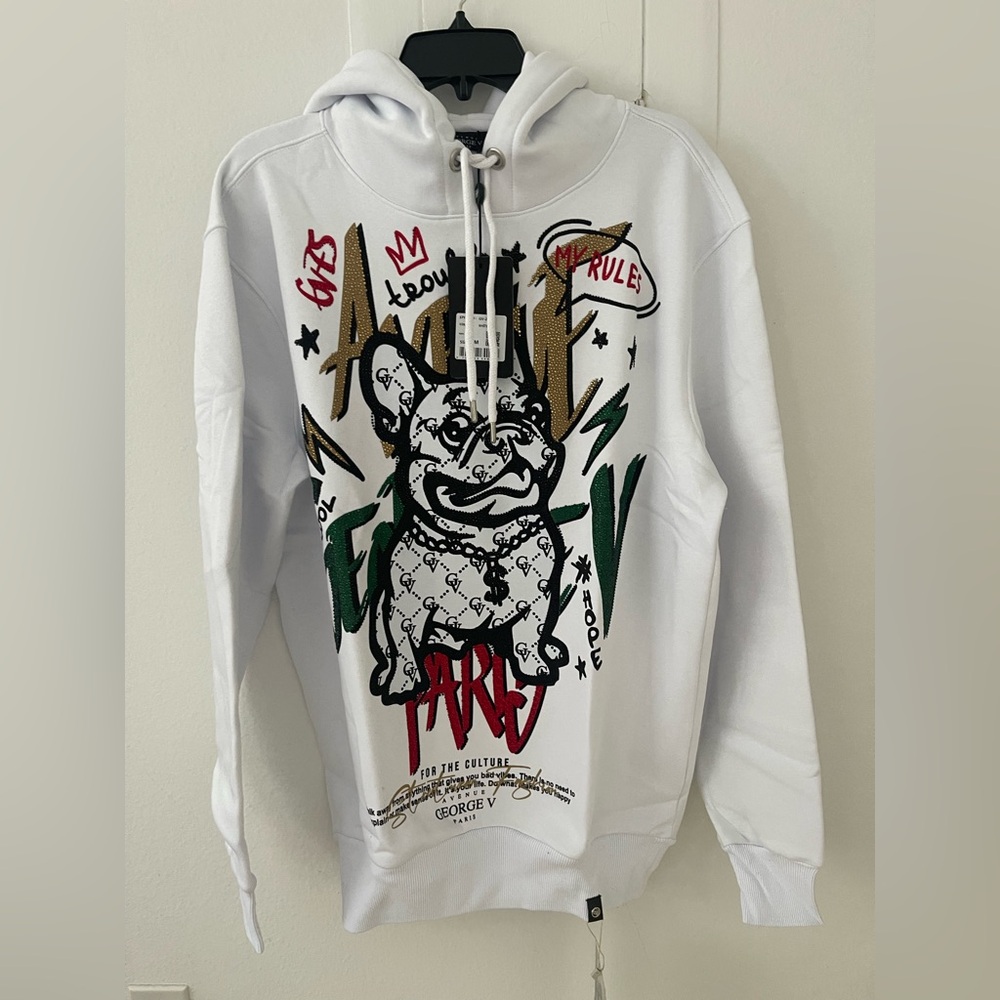 Avenue George V Paris White Hoodie long sleeve  Frenchie Rhinestone  L M NWT